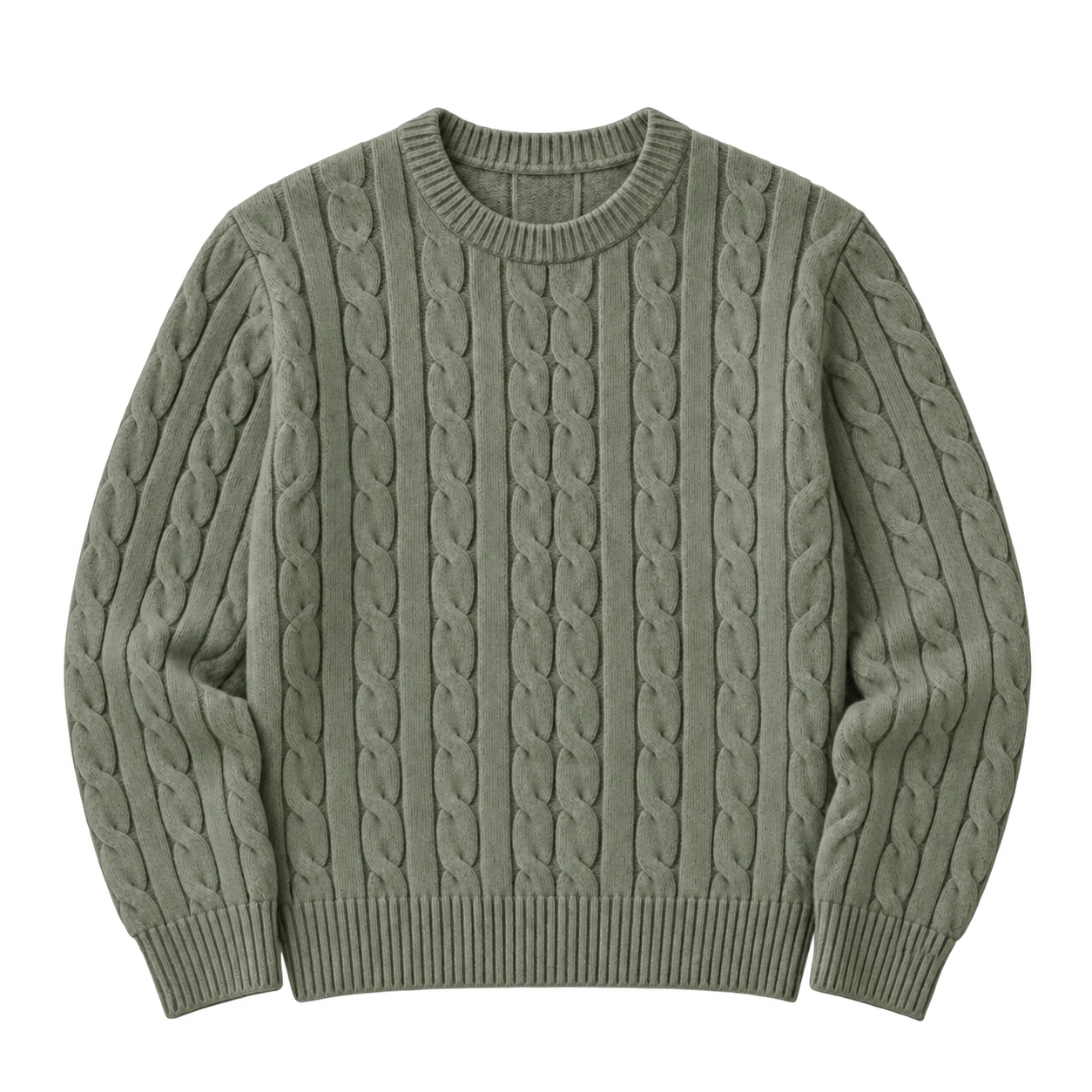 Sage cable-knit sweater, clothing development concept.