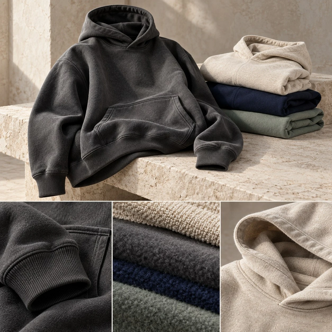 A charcoal hoodie with coordinated folded layers and fabric details.