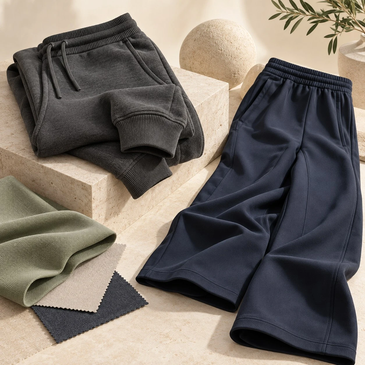 Charcoal and navy joggers with sage fabric swatches.