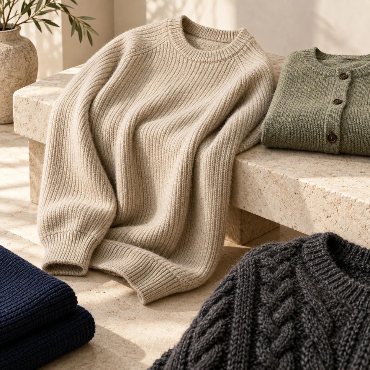 Ivory knitwear draped over a stone plinth with sage and charcoal layers.