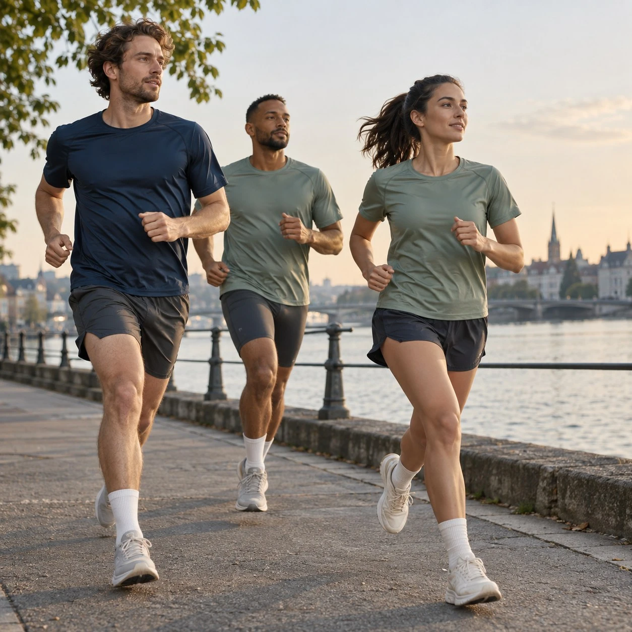 Runners wearing coordinated navy and sage apparel by the waterfront.