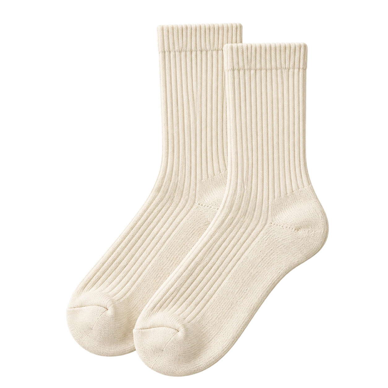 Ivory ribbed crew socks.