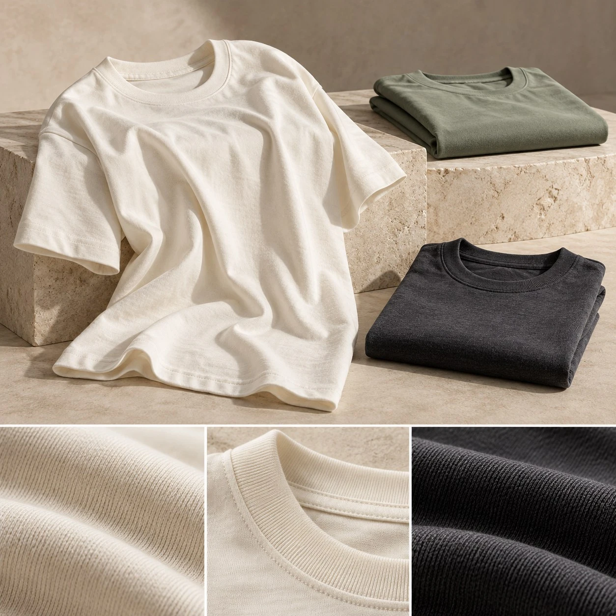 Ivory, sage and charcoal T-shirts with close-ups of fabric and neckline.