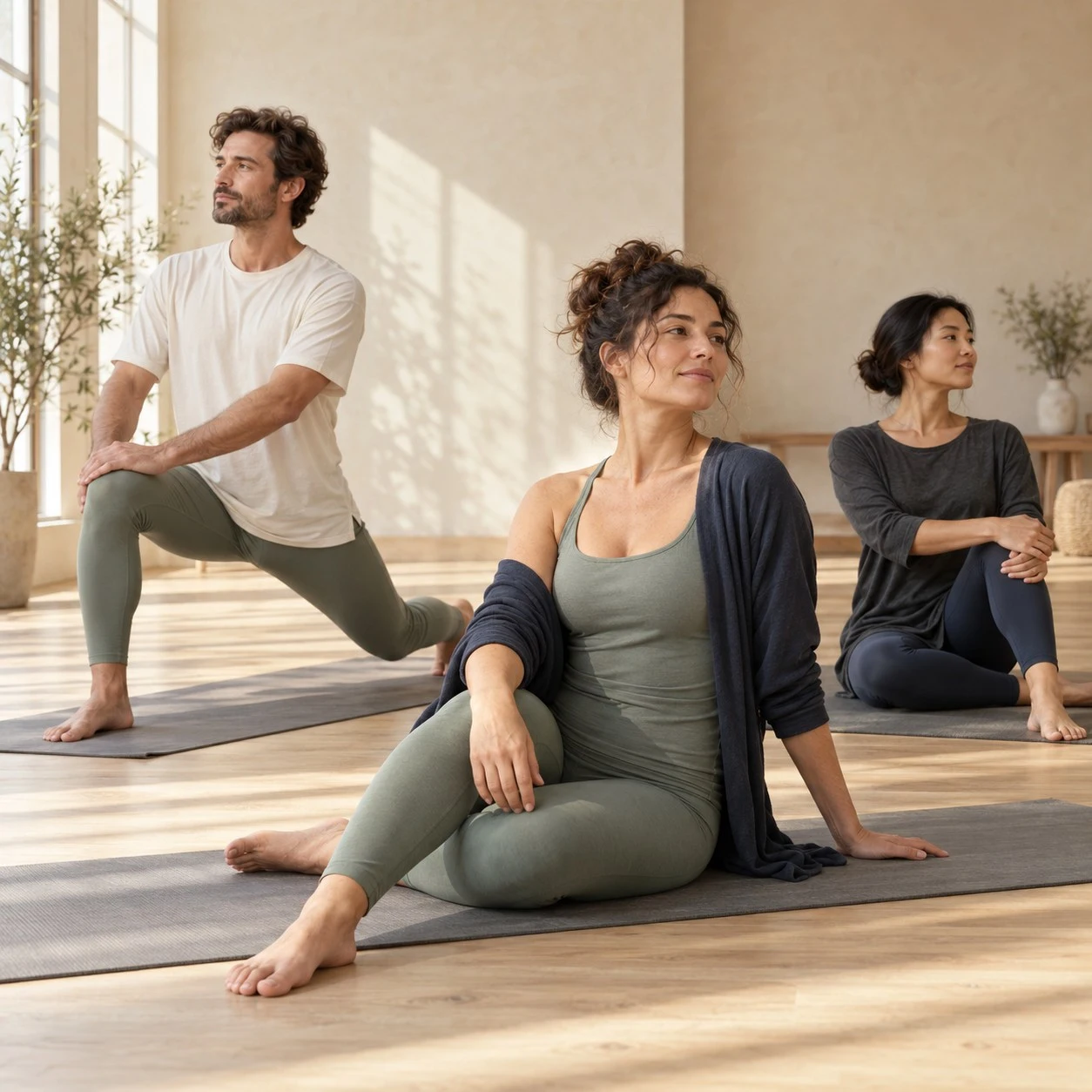 A group practicing yoga in a sunlit studio.